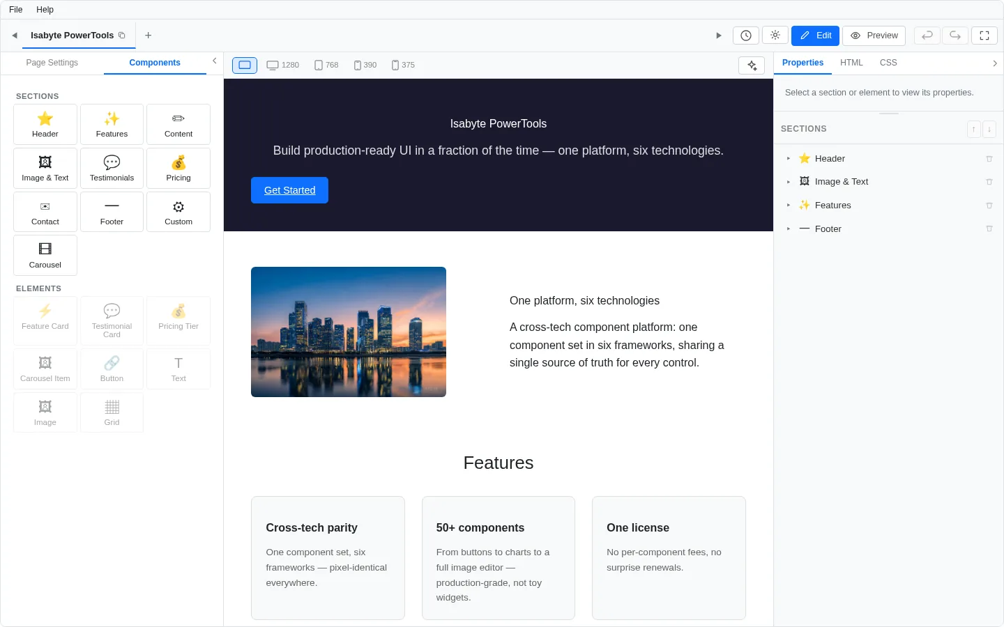 A complete landing-page builder, embedded — Desktop