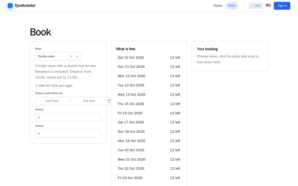 Example layout: Booking