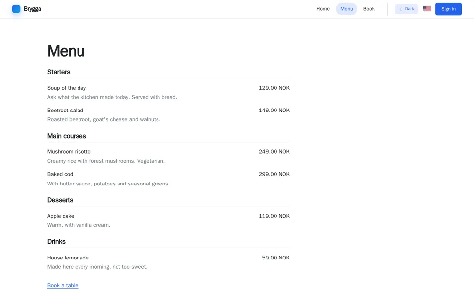 Example layout: Restaurant / food ordering